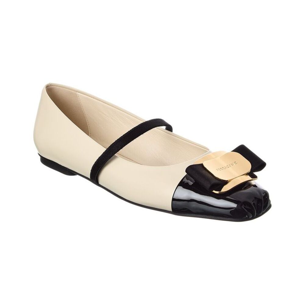Ferragamo New Vara Leather Ballet Flat, White